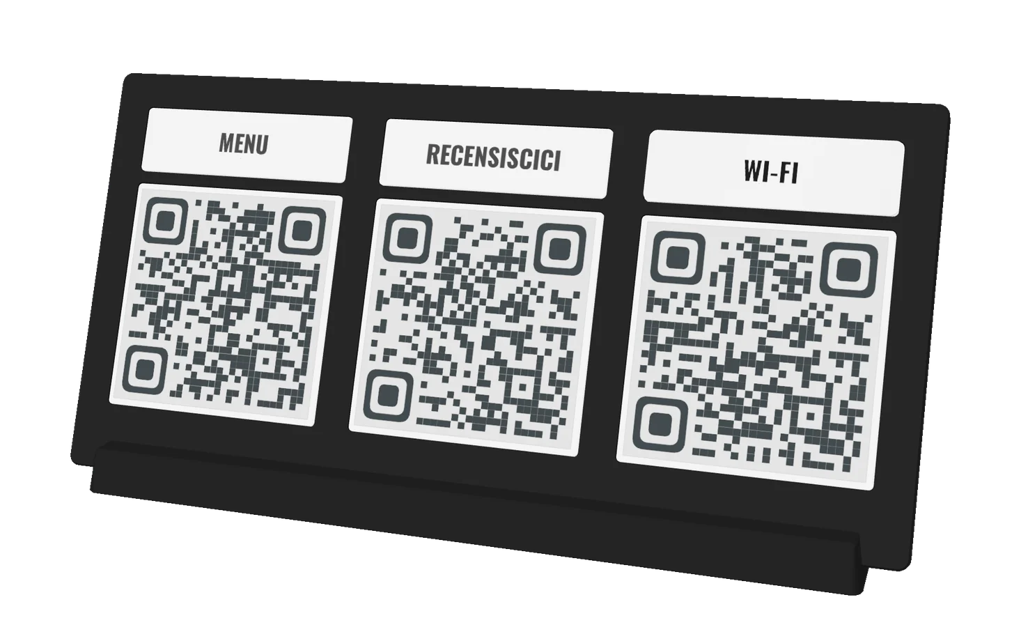 Stand Menu + Recensioni + WiFi — Vista frontale